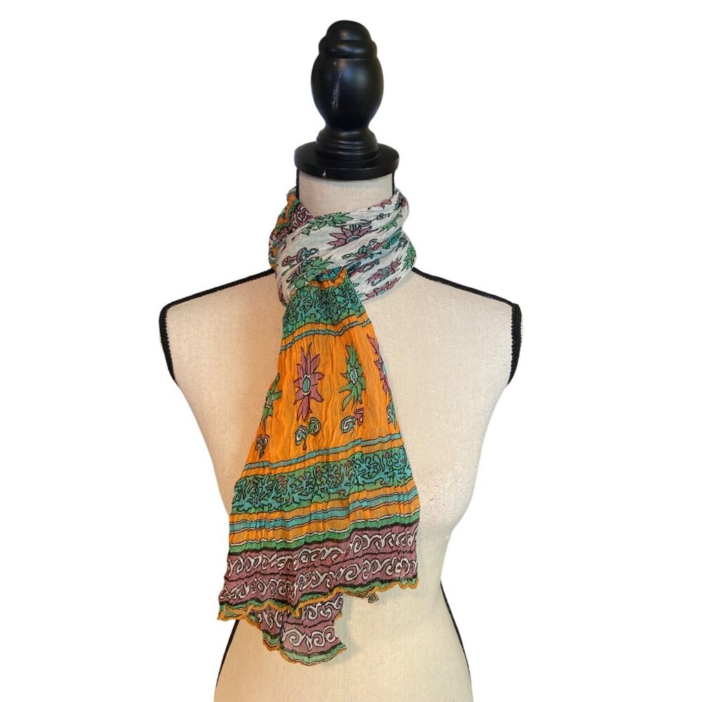 Womens Rectangle Scarf Multicolor Crinkle Cotton White Green Orange Floral Boho